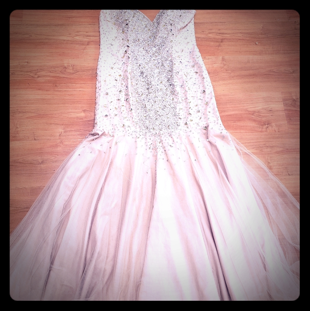 Beige beaded ballgown size 12-14